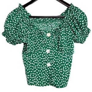Floral Puffy Sleeve Button Down Crop Top Green and White Size Small